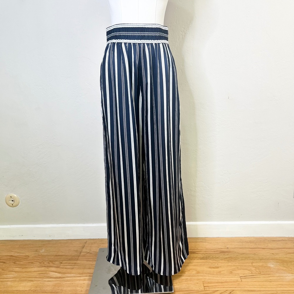 Everlane Navy White Striped Smocked Wide Leg Pull On Pants 27" Inseam Small NEW